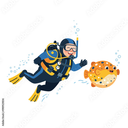 Scuba diver explores ocean with friendly pufferfish swimming nearby underwater