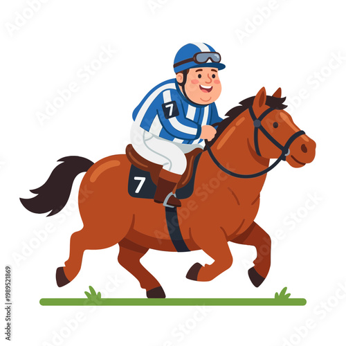 A jockey rides a brown horse on grass in a racing event.