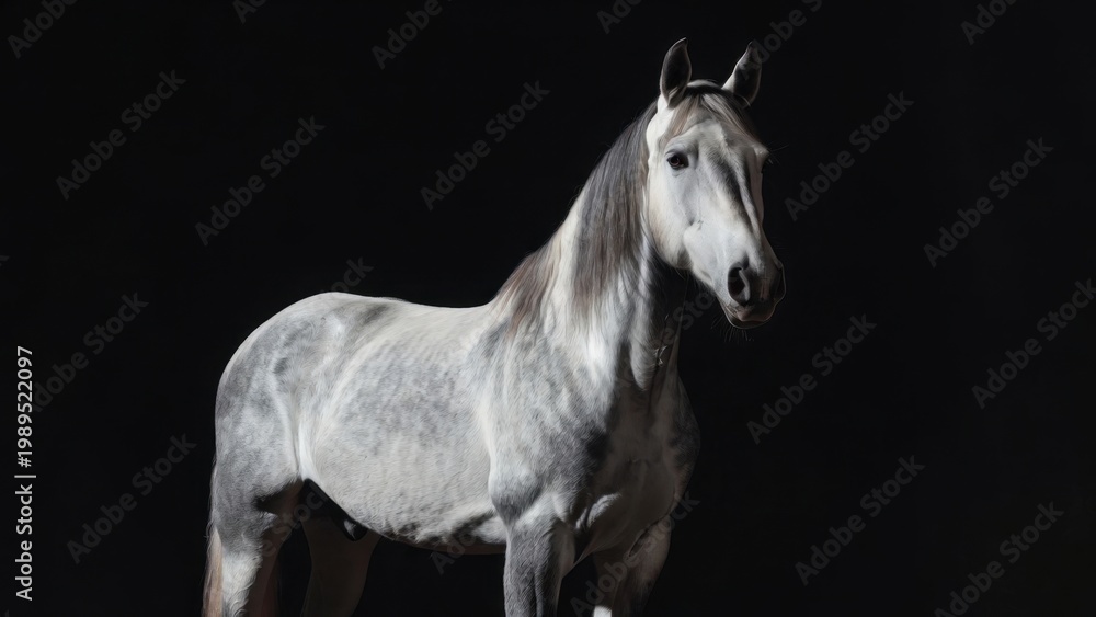Fototapeta premium Light gray horse standing alert against dark studio backdrop