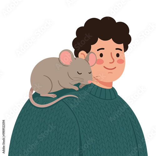 A man with a mouse on his shoulder smiles gently indoors.