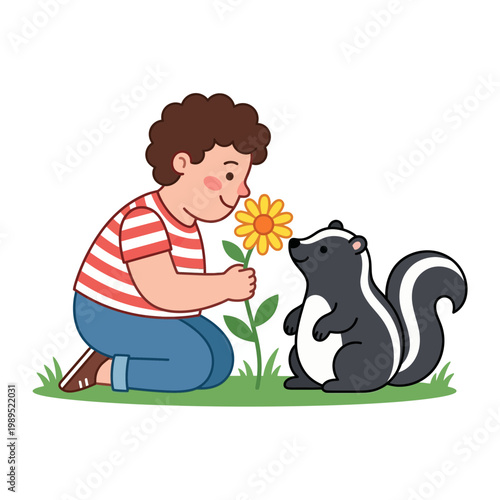 A boy kneeling on grass offers a yellow flower to a curious skunk sniffing it.