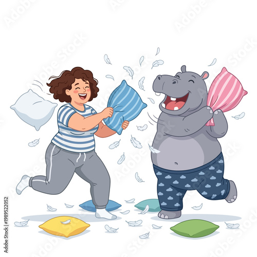 A woman and hippopotamus engage in playful pillow fight indoors.