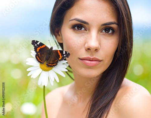 A woman gazes serenely, a butterfly resting on a daisy near her face. Green bokeh suggests a natural environment