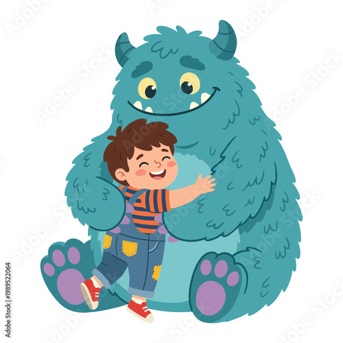 A boy happily hugs a large monster in a friendly outdoor scene with trees.