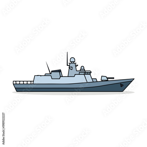 Modern naval warship with radar and gun turret on white background