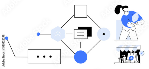 Data networking, digital systems, e-commerce, healthcare services, technology integration, online communication. Abstract of interconnected data. Data networking and digital systems concept