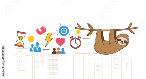 A sloth hangs from a branch amidst symbols of time love and connection