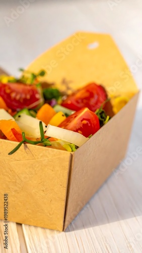Fresh Vegetable Salad In Eco Friendly Cardboard Box Close Up With Vibrant Red And Yellow Peppers On Wooden Table