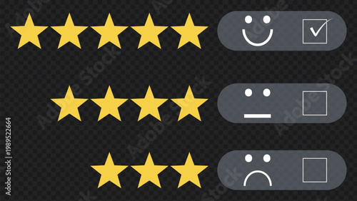 Star rating system with emoji feedback, 5 stars to 1 star