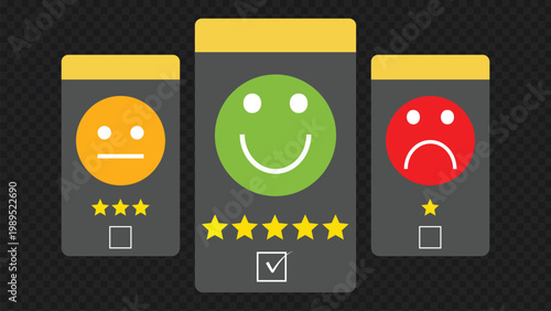 Three feedback cards with emoticons and star ratings