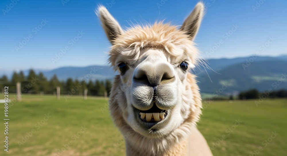 Obraz premium A close-up, humorous portrait of a fluffy alpaca with a wide, toothy grin in a sunny, green field.