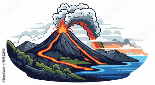 Pixel art of a volcanic eruption with lava flowing into the ocean