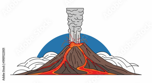 Cartoon volcano erupting with lava flows and smoke against a blue sky