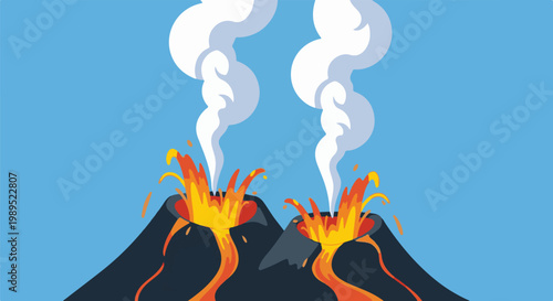 Two cartoon volcanoes erupting lava and spewing white smoke under a blue sky