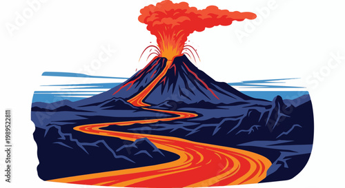 Active volcano erupting with lava flow down mountainside under blue sky