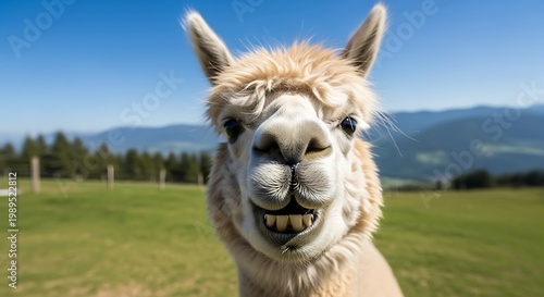 A close-up, humorous portrait of a fluffy alpaca with a wide, toothy grin in a sunny, green field.