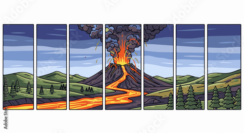 Volcanic eruption with lava flow through rolling hills and trees