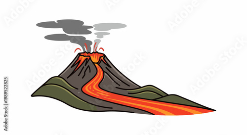 Cartoon volcano erupting with lava flow and ash clouds