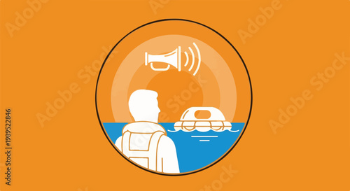 Person in life vest signals with megaphone towards life raft in water