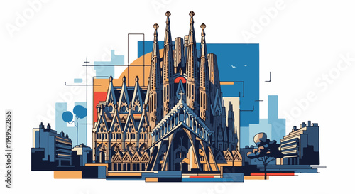 Stylized architectural landmark with geometric shapes and abstract background elements