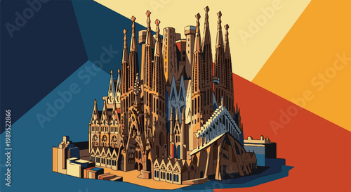 Striking geometric abstract backdrop complements the detailed gothic basilica