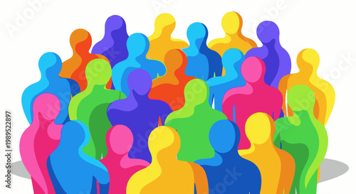 A vibrant, abstract crowd of diverse, multi-colored human silhouettes
