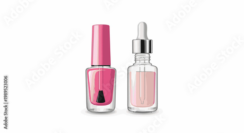 Two cosmetic bottles, one with pink polish and applicator, one with clear dropper