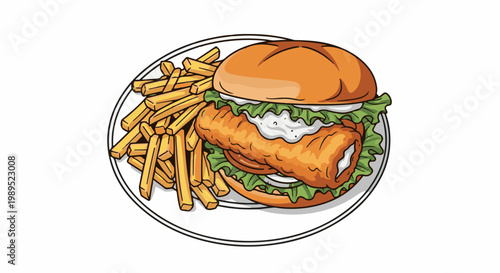 A golden-brown bun holds a fried fish fillet with tartar sauce and lettuce, served with fries