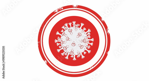 Red circle stamp with a stylized illustration of a virus particle