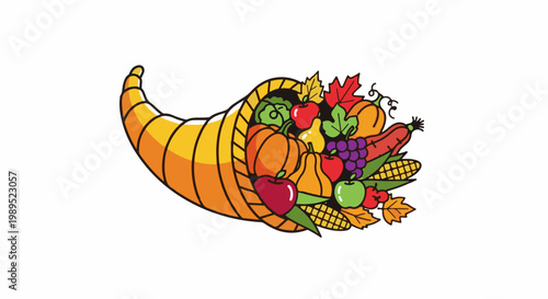 Cornucopia overflowing with autumn fruits, vegetables, and leaves