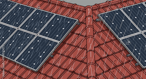 Rain falling on solar panels mounted on a red tiled roof
