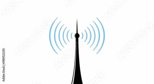 Black broadcast tower emitting blue signal waves