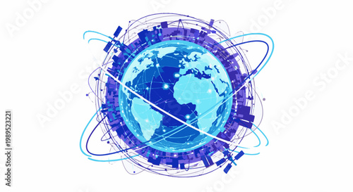 Digital Earth with global network connections and orbiting satellites