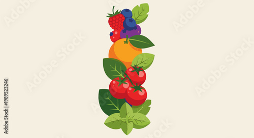 Colorful assortment of fresh fruits, vegetables and herbs arranged vertically