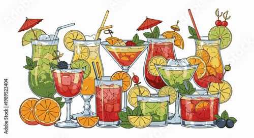 Colorful collection of refreshing alcoholic and non-alcoholic fruit cocktails