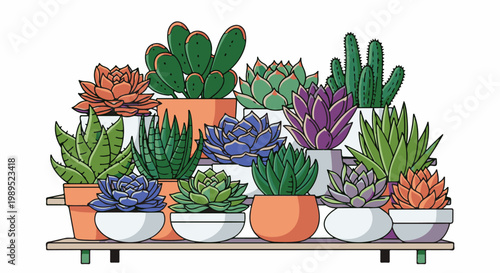 A collection of colorful succulent plants in terracotta and white pots
