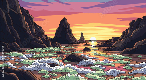 Rocky coastline at sunset with reflective water and fluffy vegetation