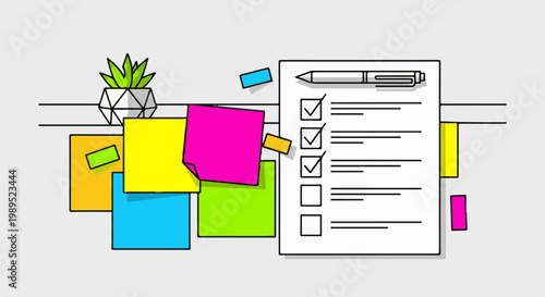 A checklist with a pen, colorful sticky notes, and a small plant