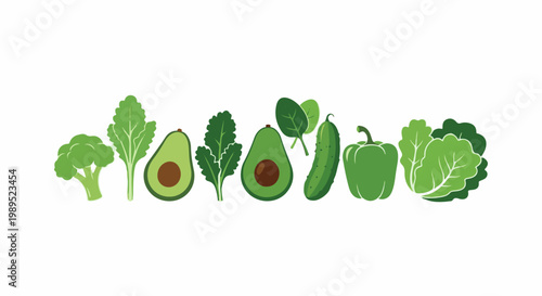 A variety of green vegetables and fruits are displayed on a white background