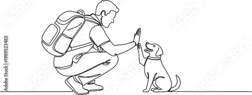 Line drawing of a person giving a dog a high five with the style is minimalistic