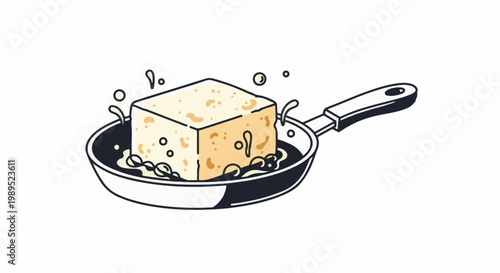 A cube of tofu sizzles in a dark-bottomed frying pan with bubbles