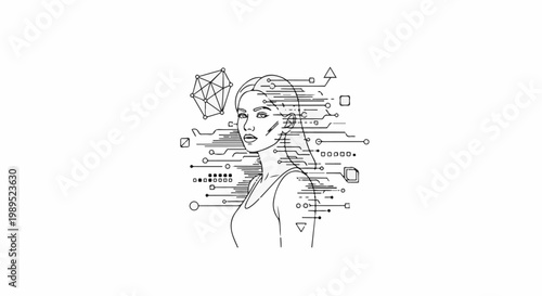 Abstract portrait of a woman with technological circuits emanating from her head