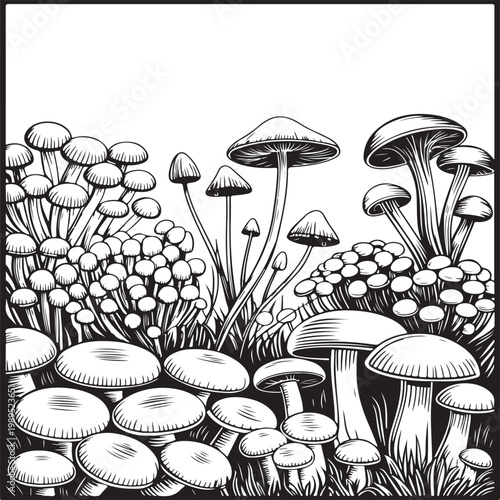 Autumn forest mushroom picking, vegan menu pattern. Linear fly agaric, chanterelles, porcini mushroom, honey mushrooms, morels, mycena, russula, boletus, nettle, fern, chicory, chamomile.