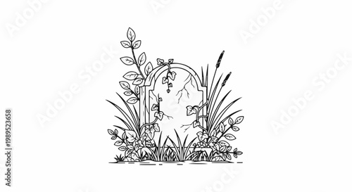 Black and white sketch of a weathered gravestone overgrown with ivy and grass