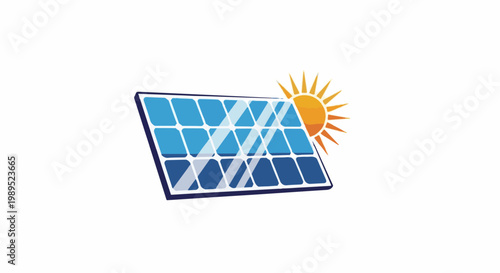 Solar panel captures sun's energy; blue cells with bright sun