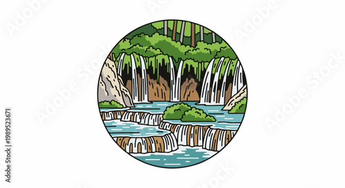 Lush green forest cascades into tiered blue pools in a circular frame