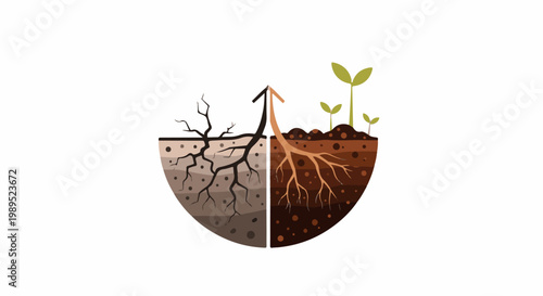 Contrasting soil cross-sections show dry, cracked earth versus fertile ground with new growth