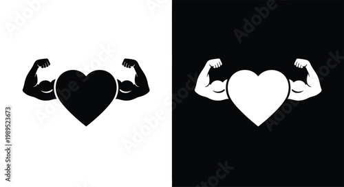 Heart icon with flexed biceps on black and white backgrounds, love yourself