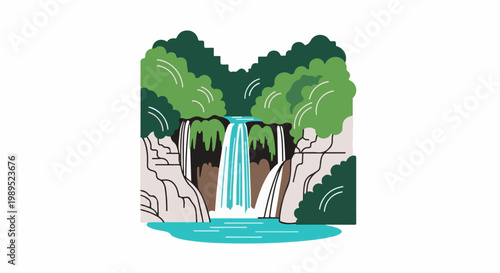 Stylized waterfall cascading into a turquoise pool amidst lush greenery