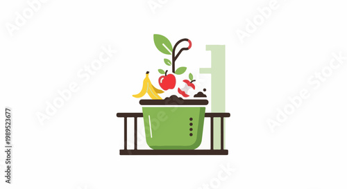 Green composting bin with fruit scraps and new plant growth